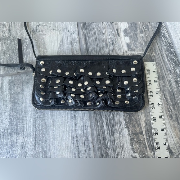 Susan Farber Y2K Leather Ruffle Studed Clutch or Crossbody Purse Black Boho - Picture 11 of 15